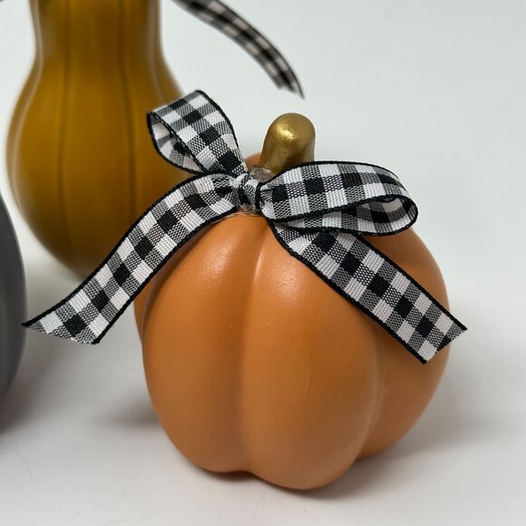 Fall Mini Ceramic Pumpkins Gourd Set of 3 Hand-Tied Plaid Bows Farmhouse Decor - Picture 3 of 9
